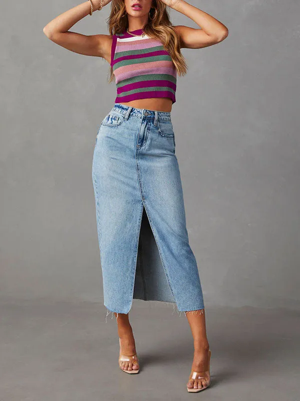 Casual Split Denim Midi Skirt