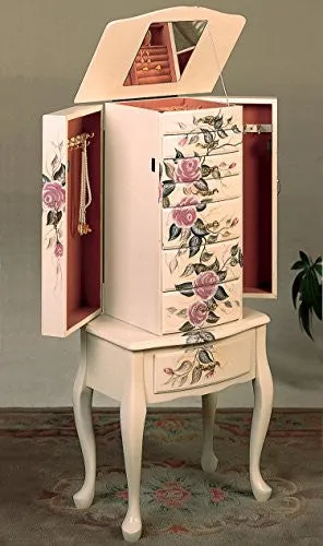 Ivory Finish Wooden Jewelry Armoire with Hand-Painted Rose Floral Design - Elegant Storage Solution