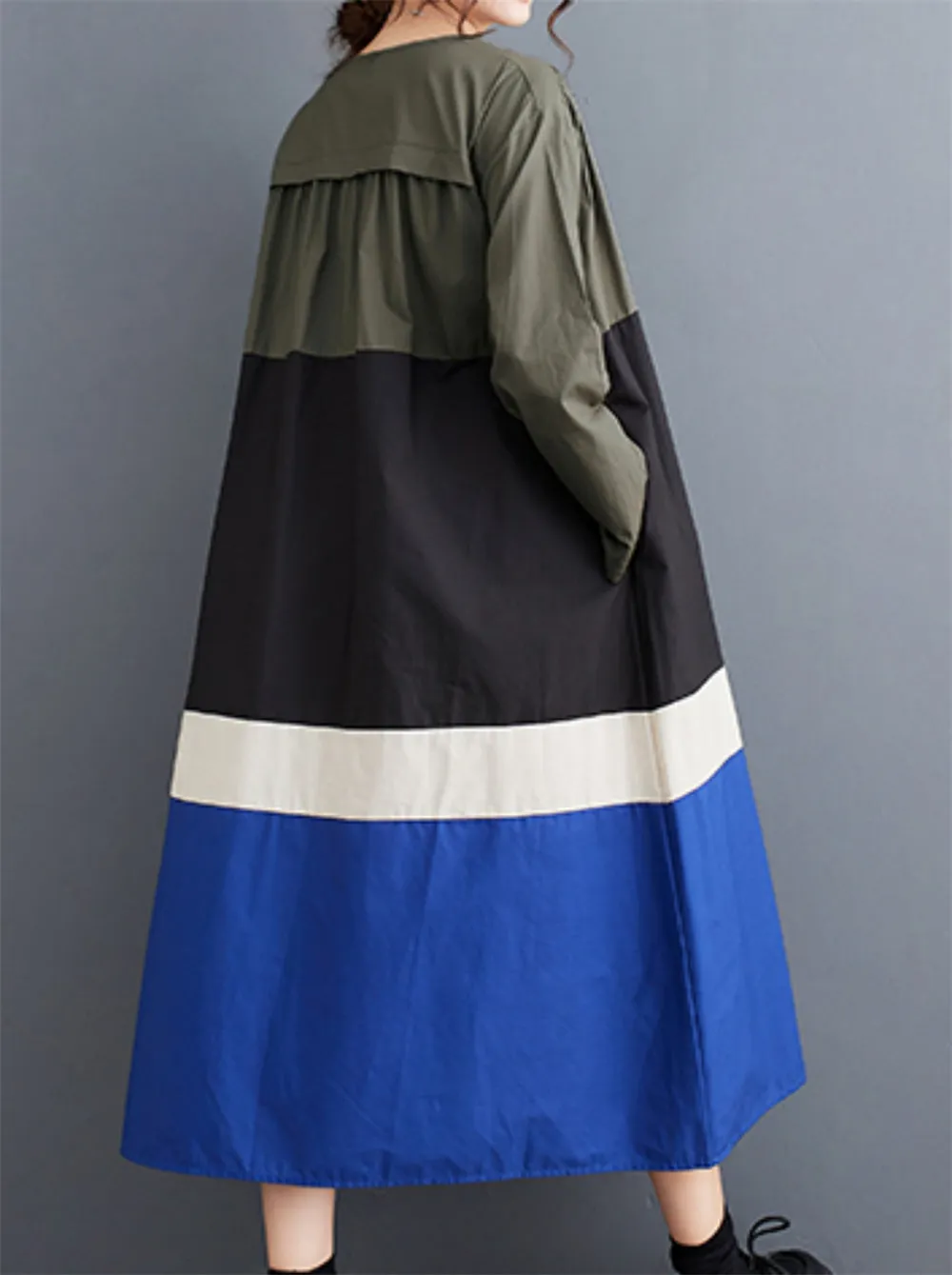 ellazhu Women's Autumn Loose Patchwork Pullover Crew Neck Long Dress GZ20