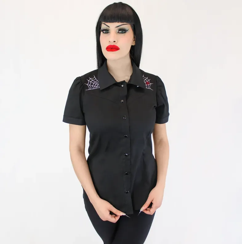 Embroidered Spiderwebs and Spider Black Western Women Top #E-SBWT