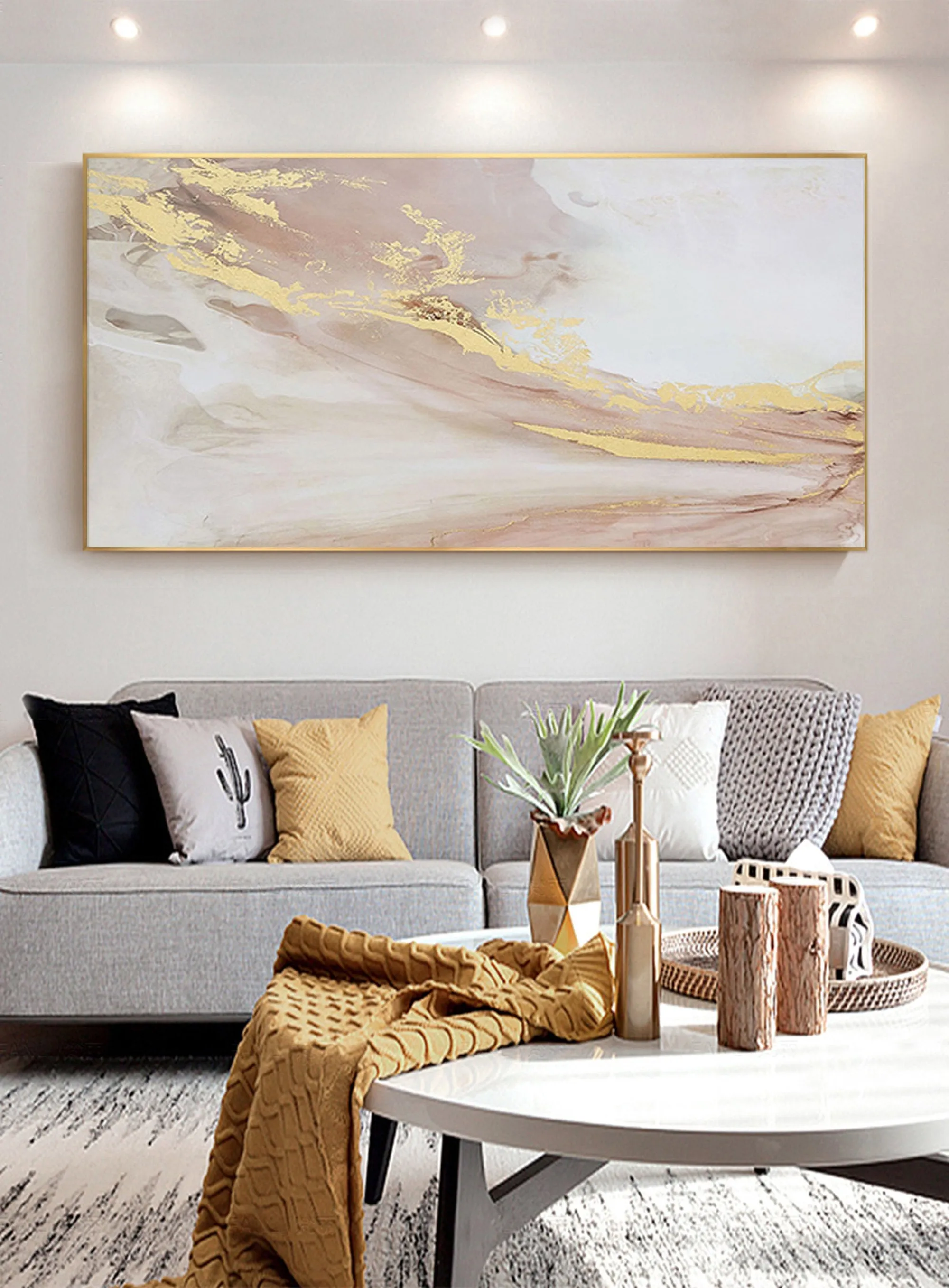 Gold Pink White Abstract Painting Oversized Wall Art for Living Room Op001