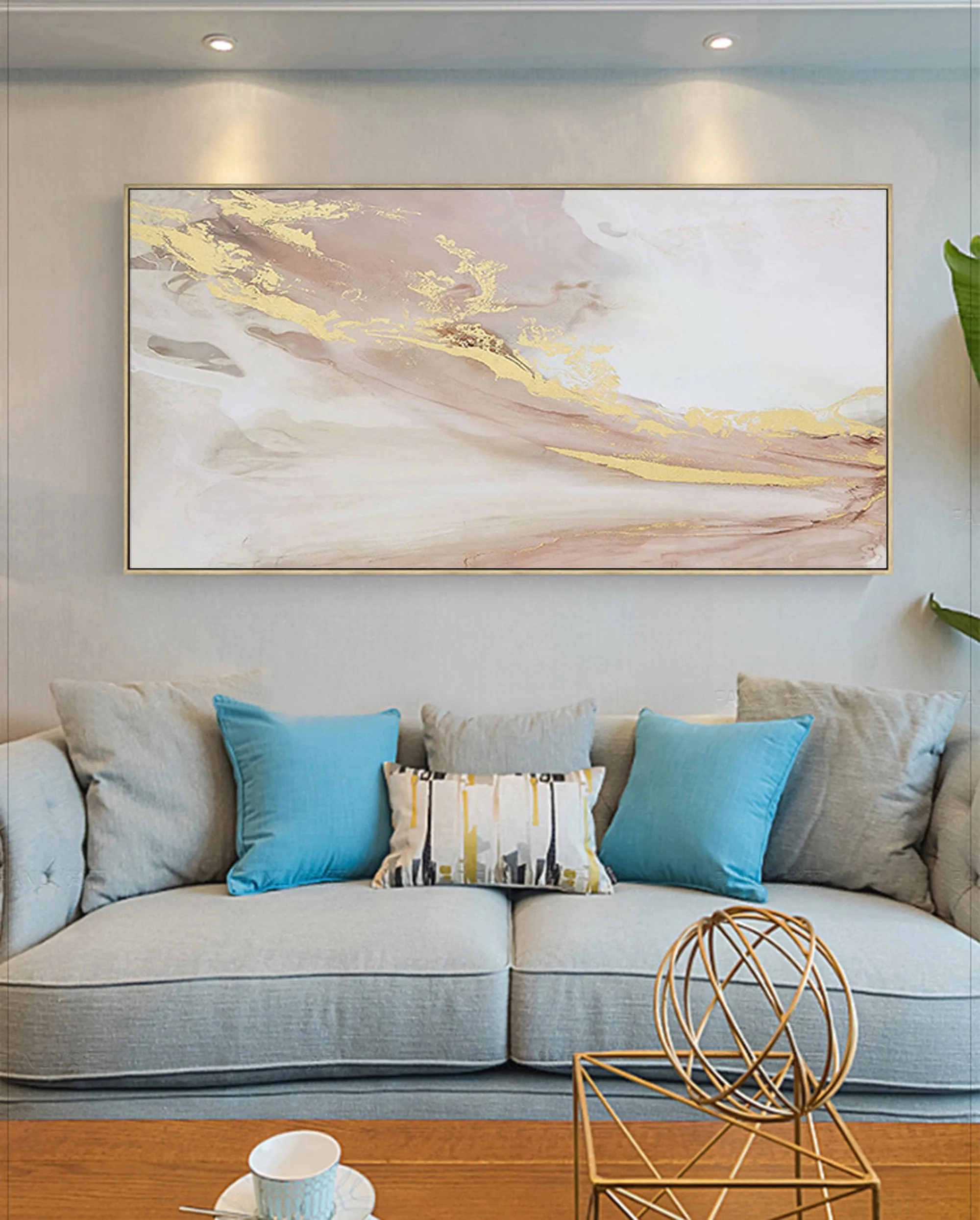 Gold Pink White Abstract Painting Oversized Wall Art for Living Room Op001