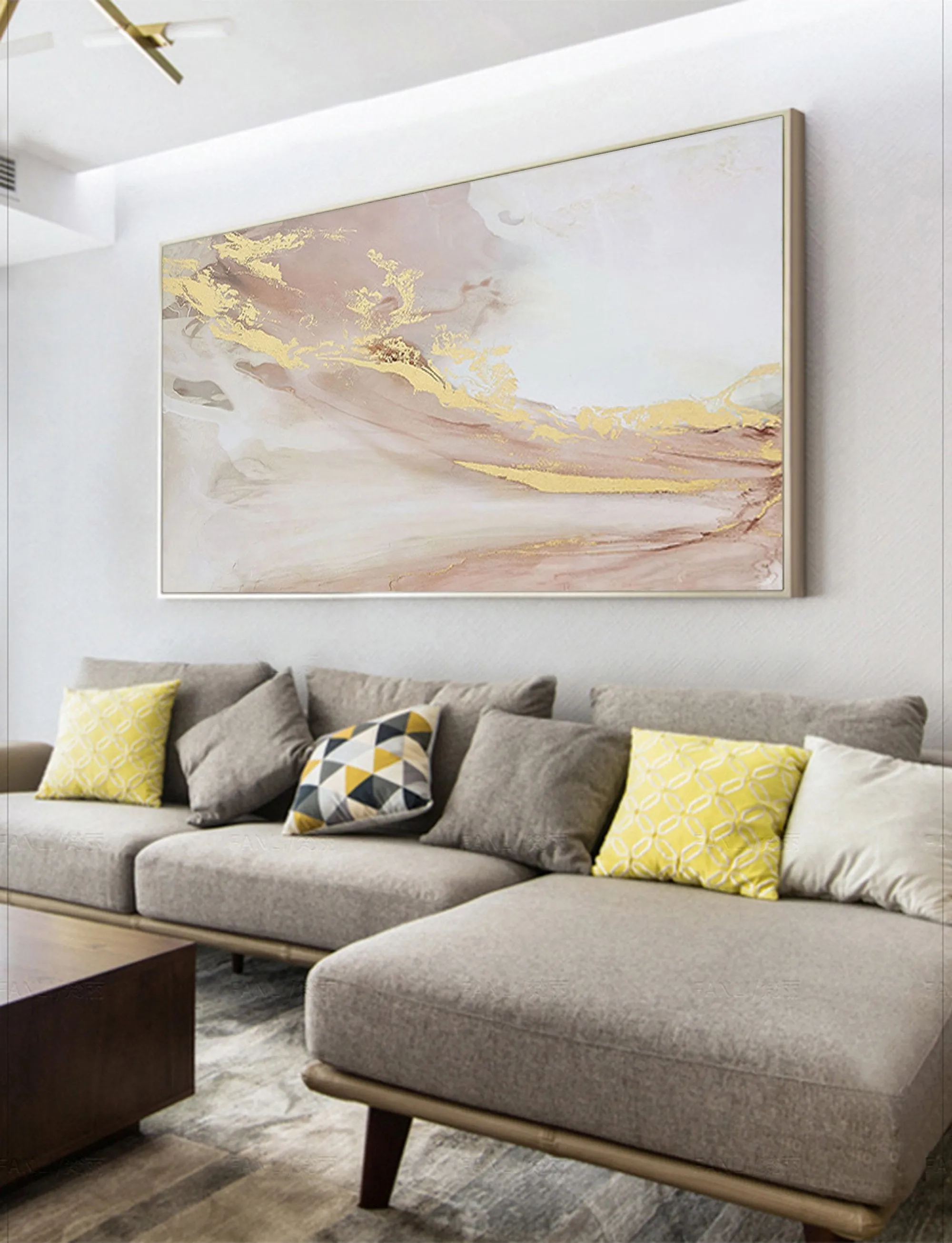 Gold Pink White Abstract Painting Oversized Wall Art for Living Room Op001