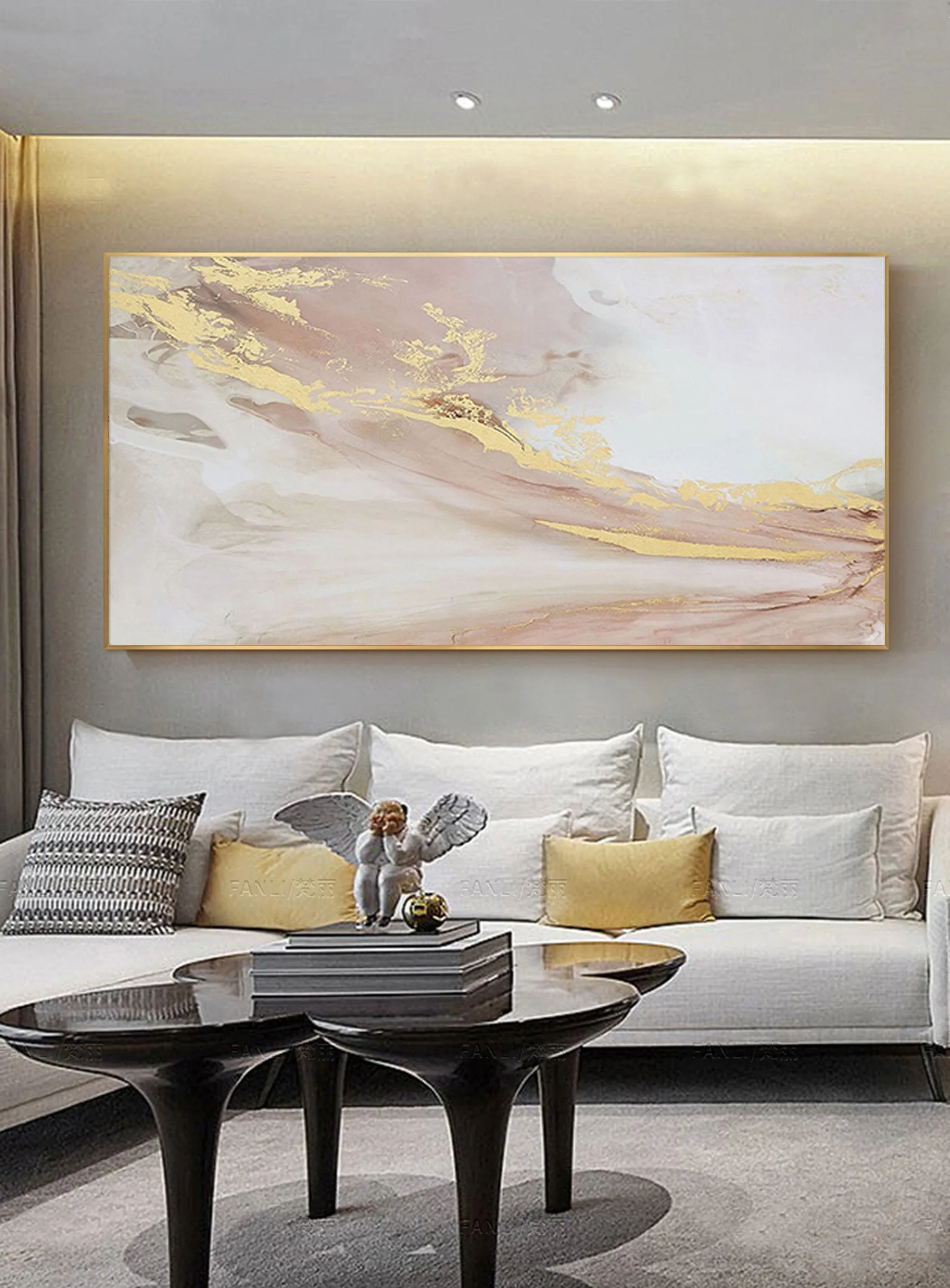 Gold Pink White Abstract Painting Oversized Wall Art for Living Room Op001