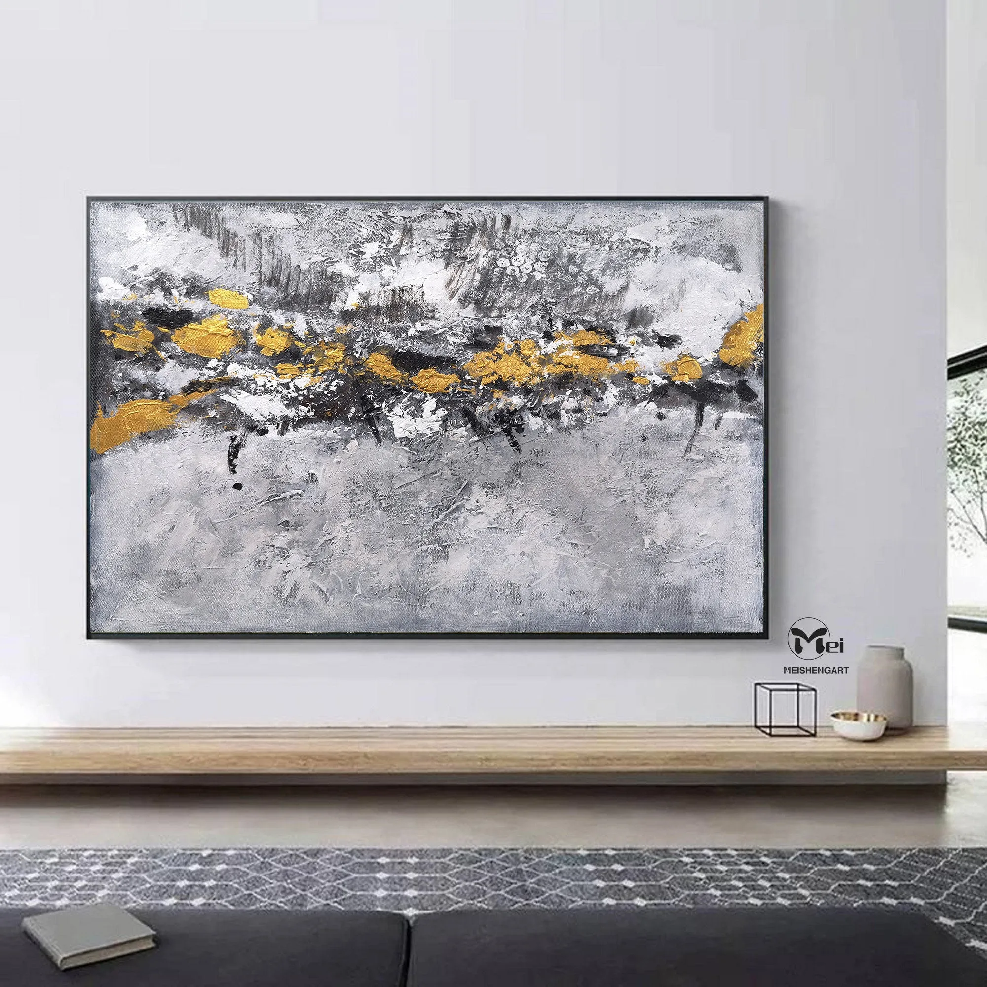 Gray Gold Leaf Abstract Art Modern Wall Painting For Office Kp026