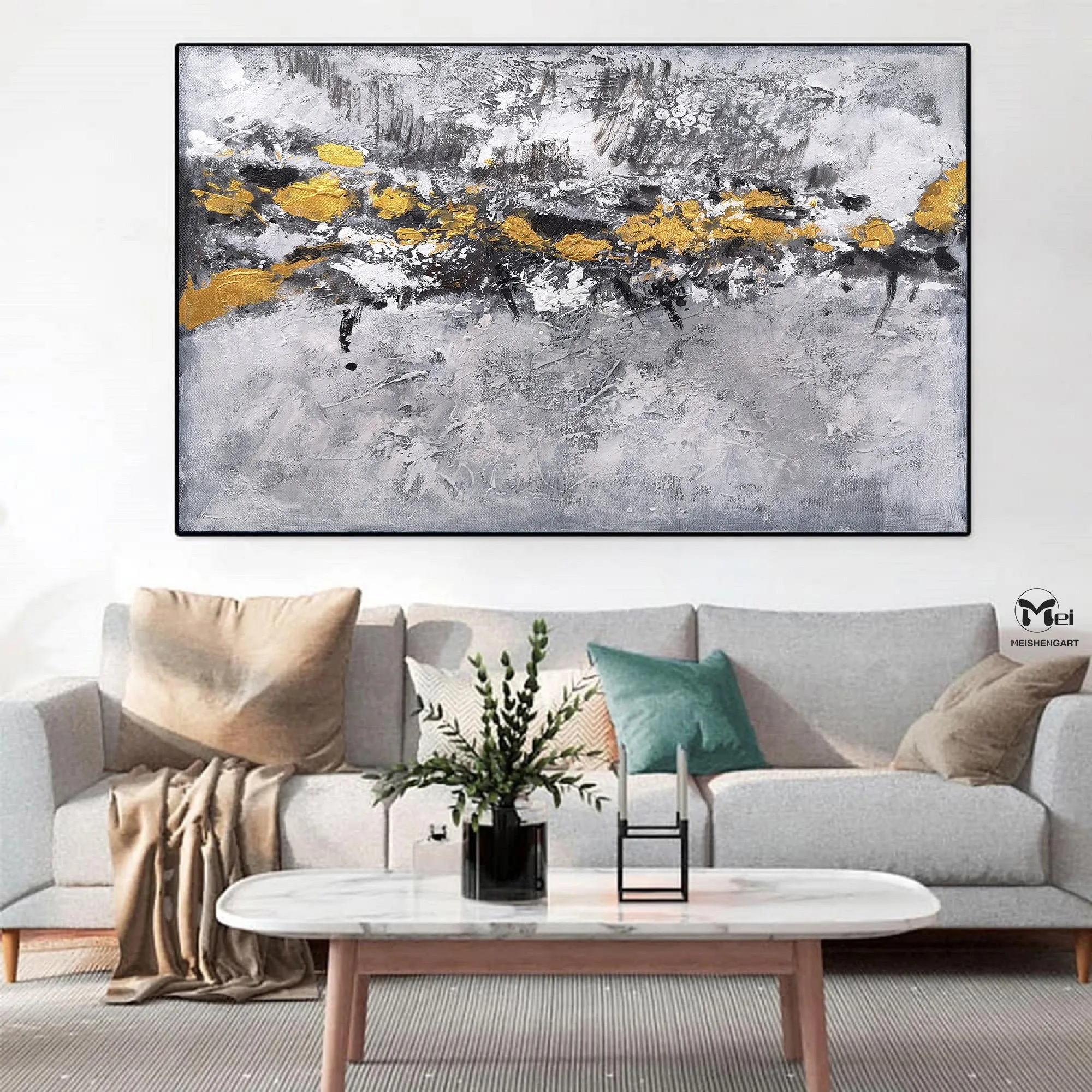 Gray Gold Leaf Abstract Art Modern Wall Painting For Office Kp026