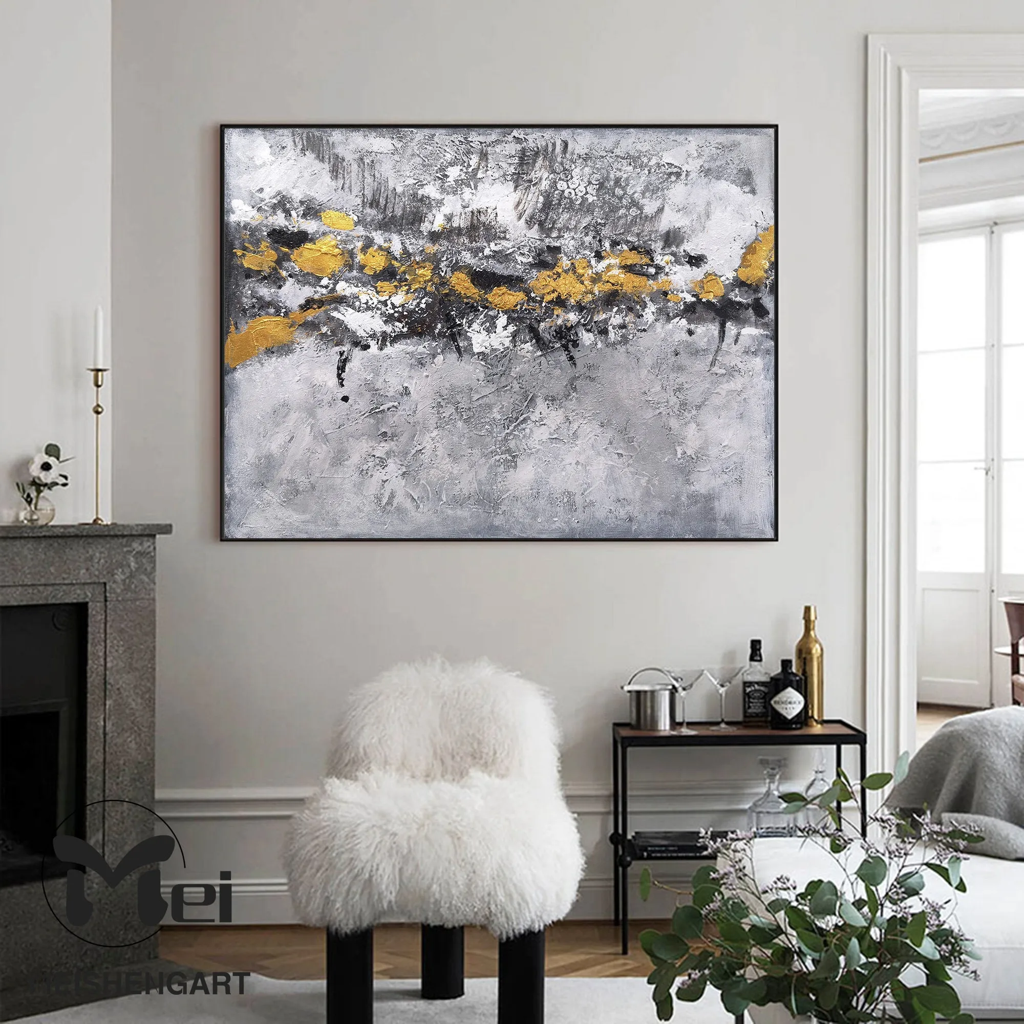 Gray Gold Leaf Abstract Art Modern Wall Painting For Office Kp026