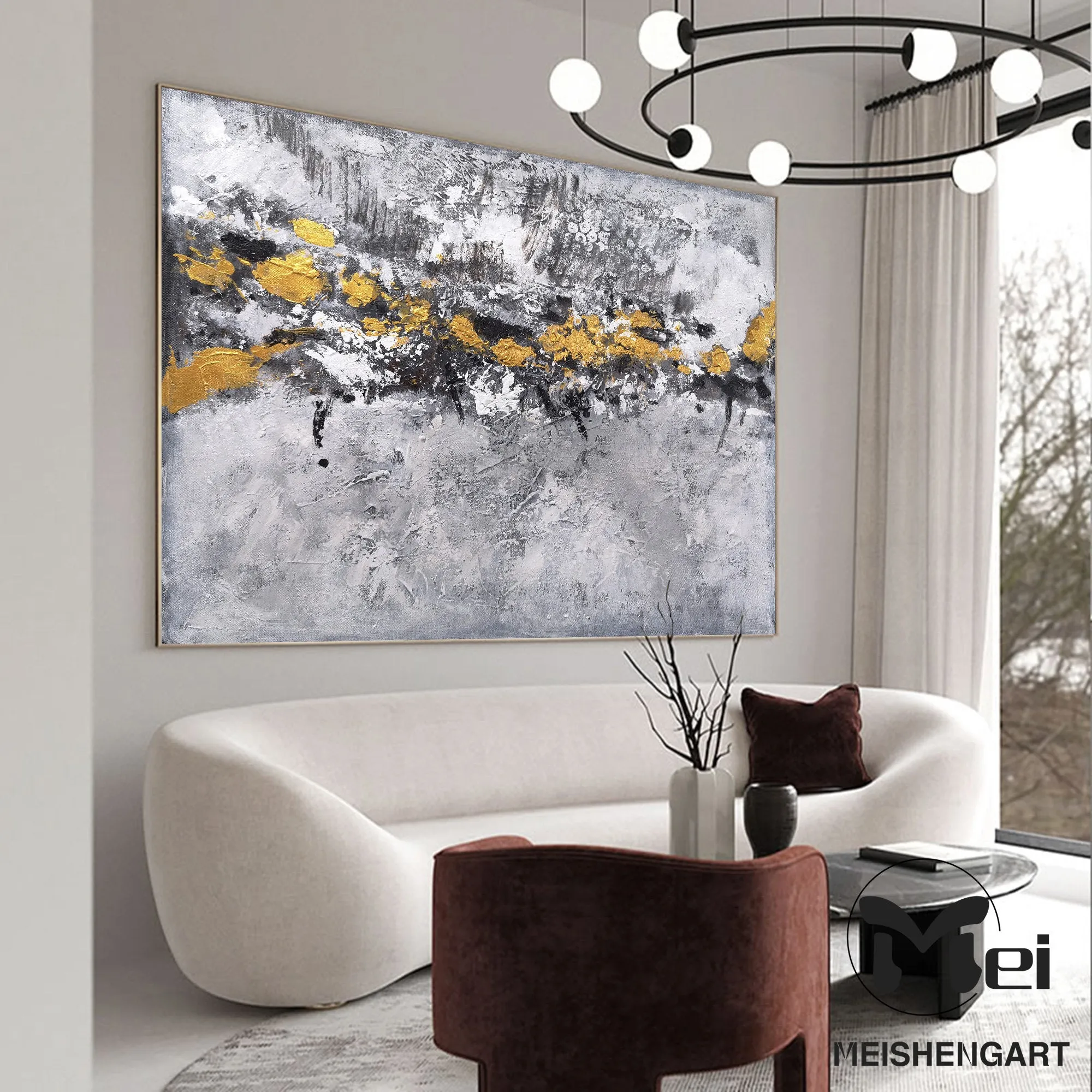 Gray Gold Leaf Abstract Art Modern Wall Painting For Office Kp026