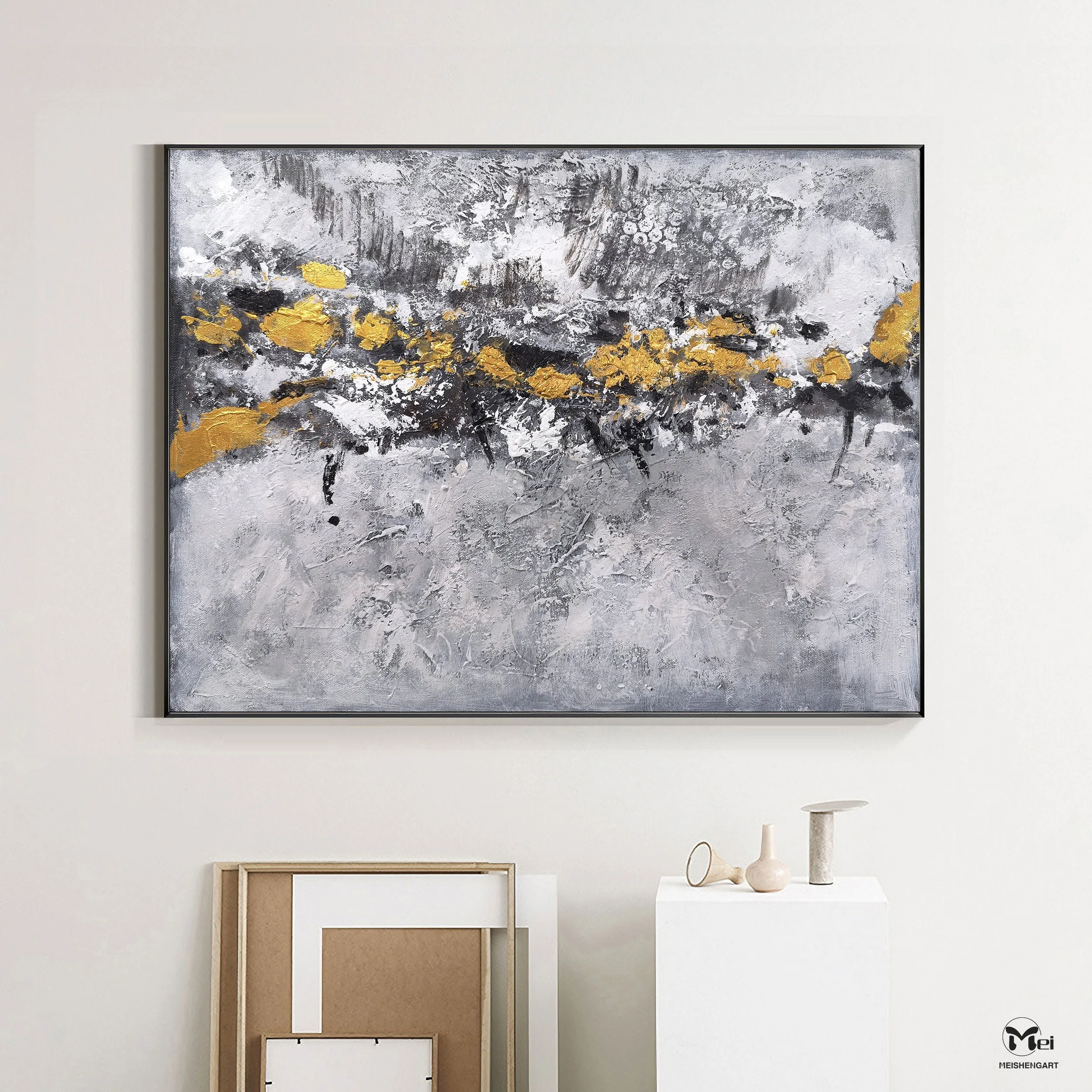 Gray Gold Leaf Abstract Art Modern Wall Painting For Office Kp026