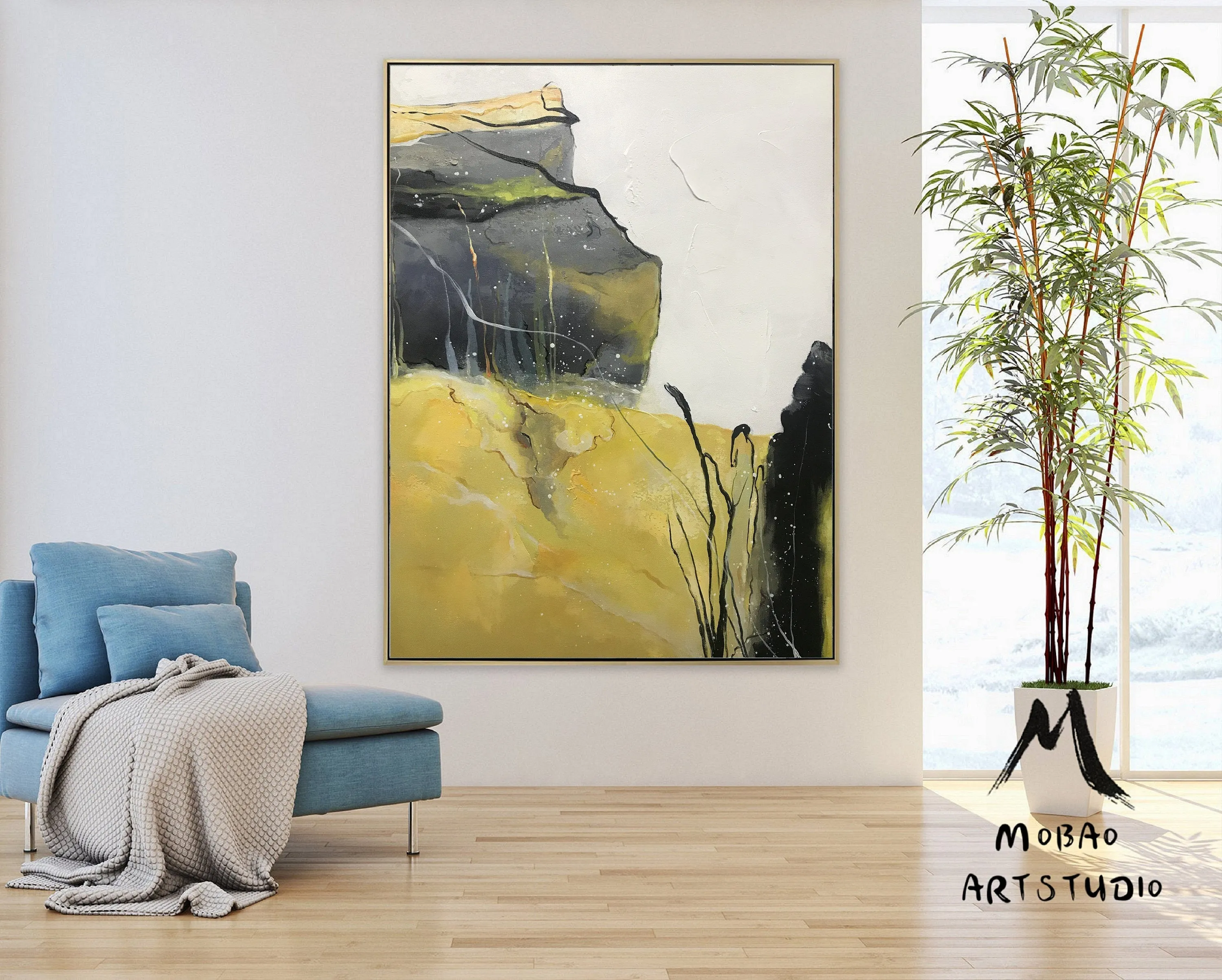 Gray Yellow Abstract Painting Original Large Canvas Art Np052