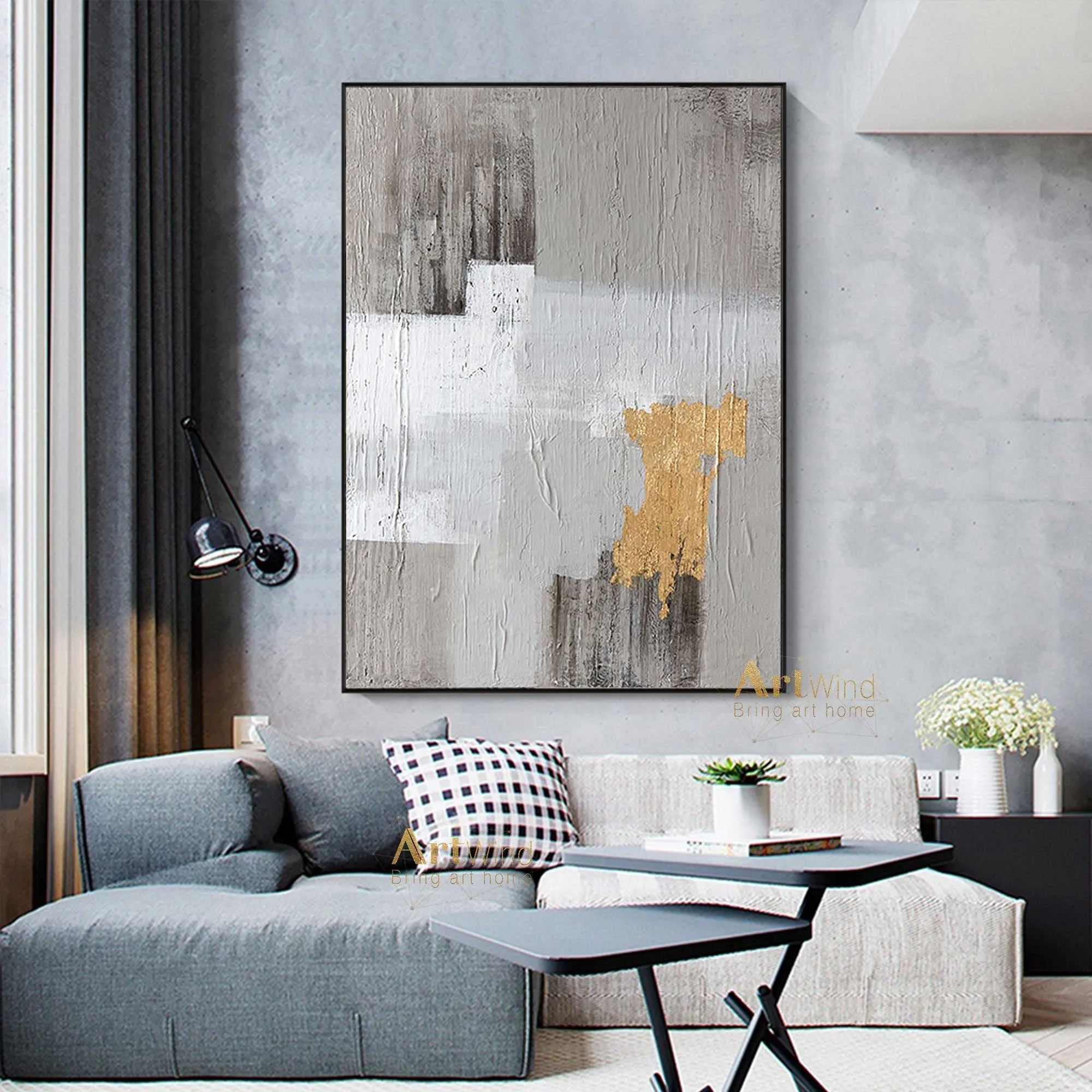 Grey And Gold Art White Painting Modern Wall Art Original Artwork Bedroom Decor Dp040