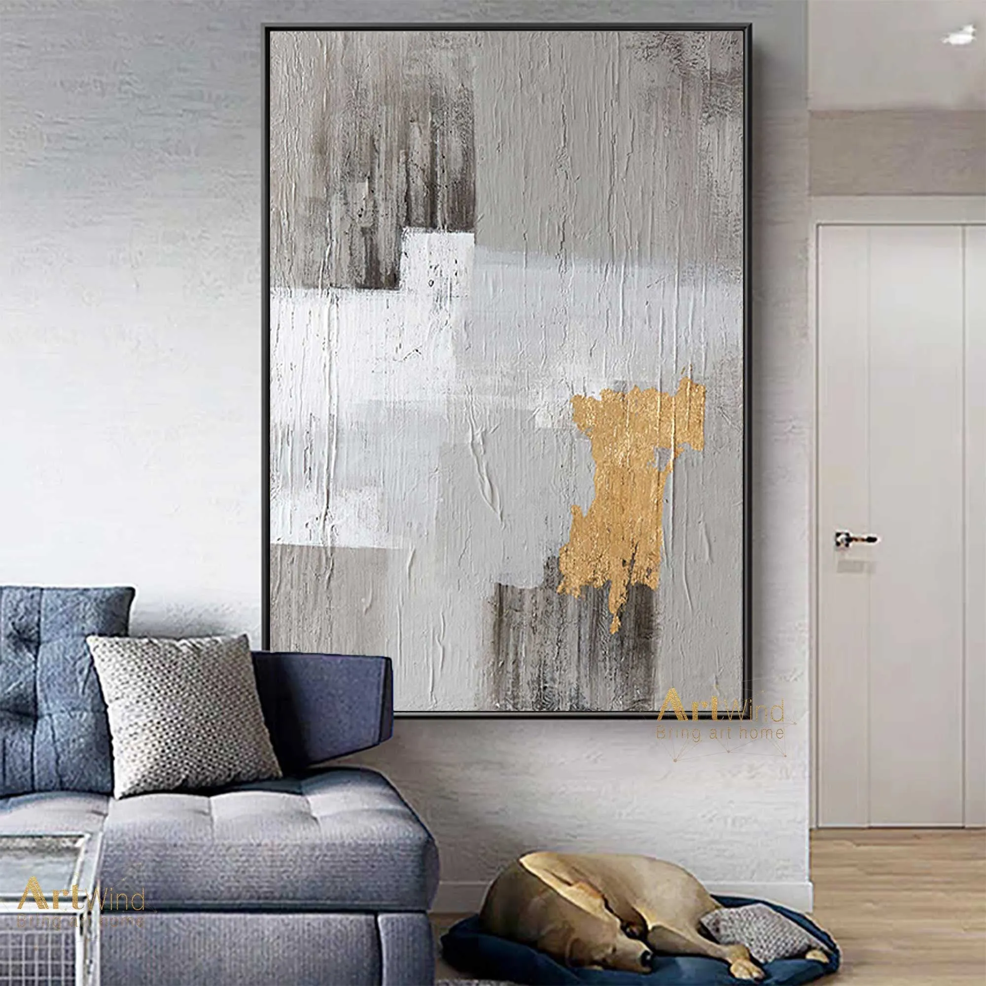 Grey And Gold Art White Painting Modern Wall Art Original Artwork Bedroom Decor Dp040