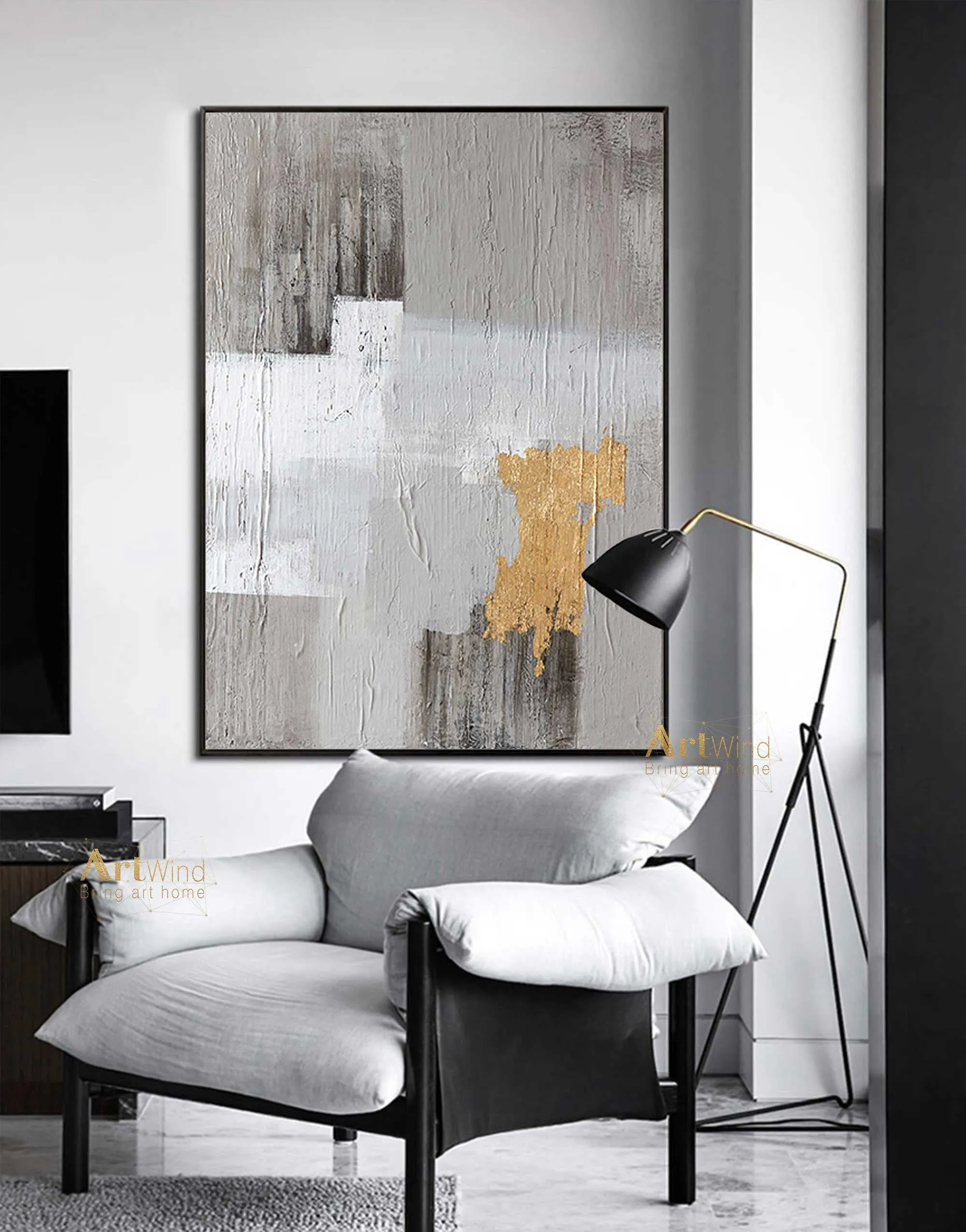 Grey And Gold Art White Painting Modern Wall Art Original Artwork Bedroom Decor Dp040