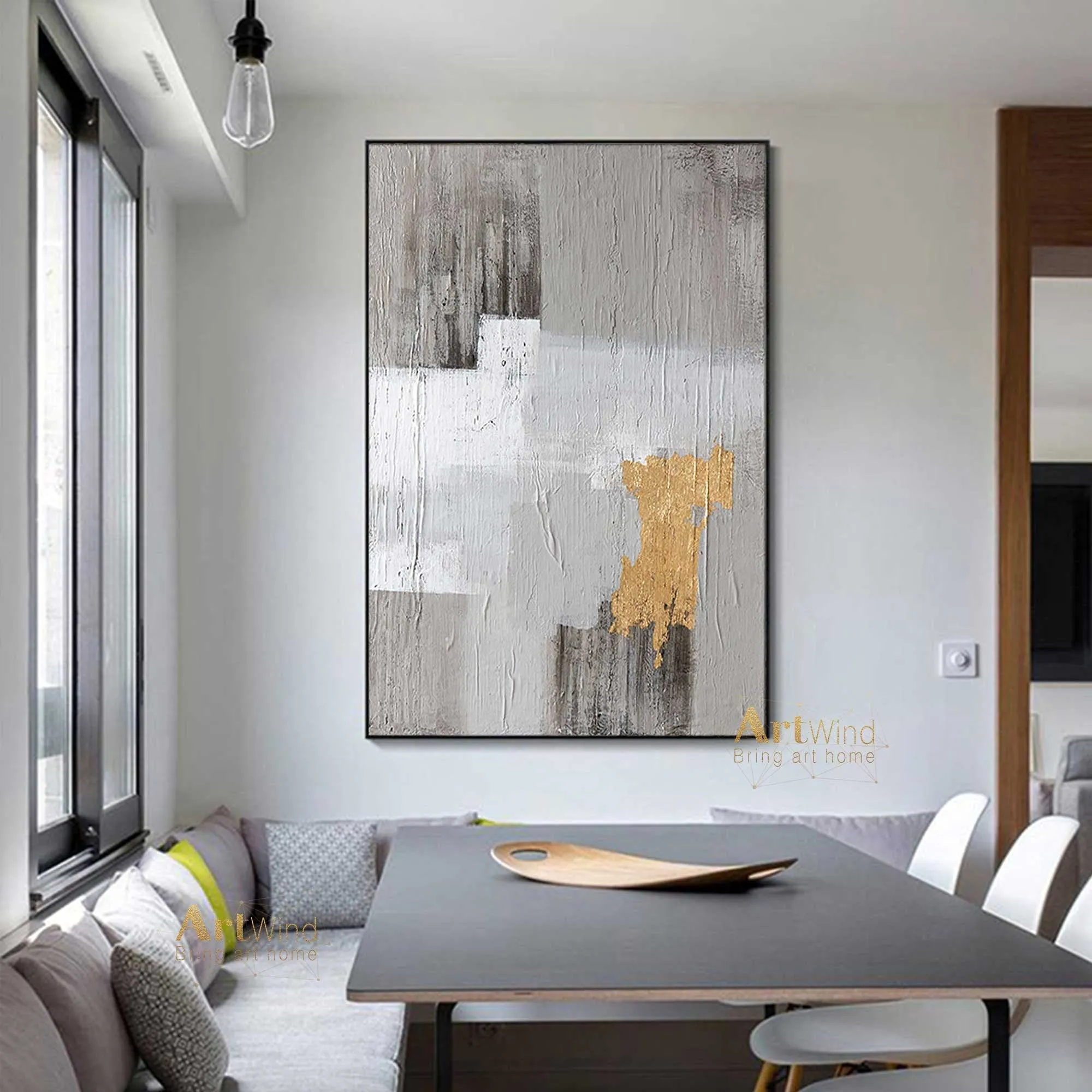 Grey And Gold Art White Painting Modern Wall Art Original Artwork Bedroom Decor Dp040