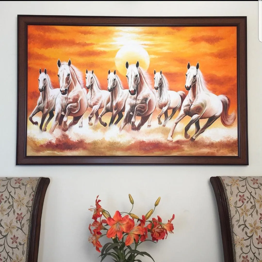 Handmade Beautiful 7 White Horse Canvas Painting