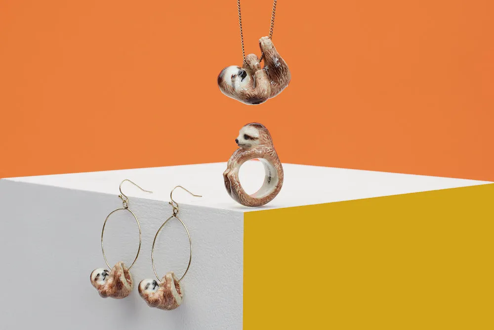 Hanging Sloth Hoop Drop Earrings