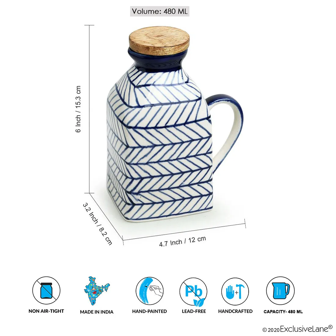 'Indigo Chevron' Handpainted Ceramic Milk & Water Jug (Non-airtight, 480 ML, Microwave Safe)