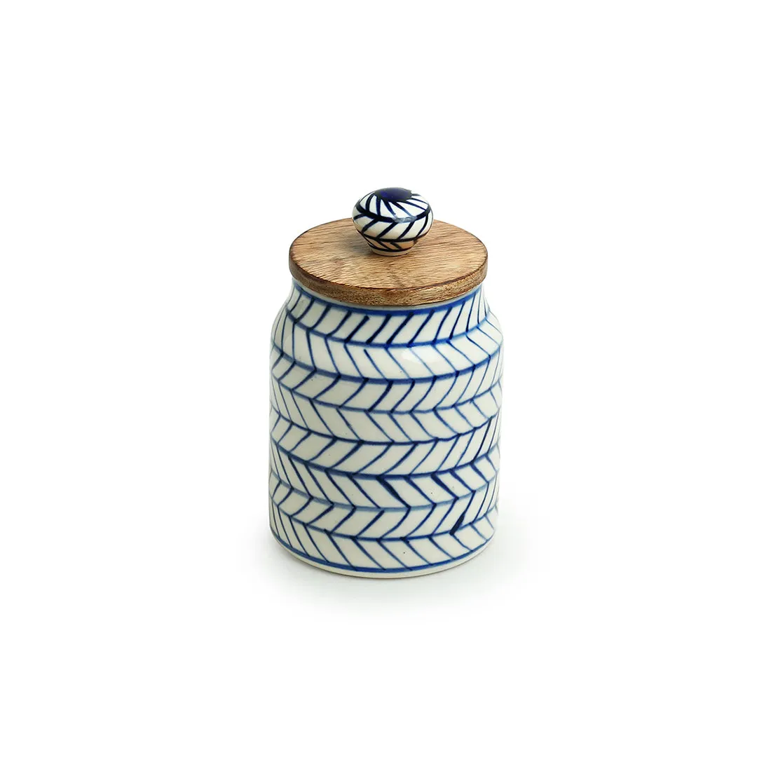 'Indigo Chevron' Handpainted Ceramic Multi-utility Storage Jar & Container (Airtight, 470 ML, Microwave Safe)