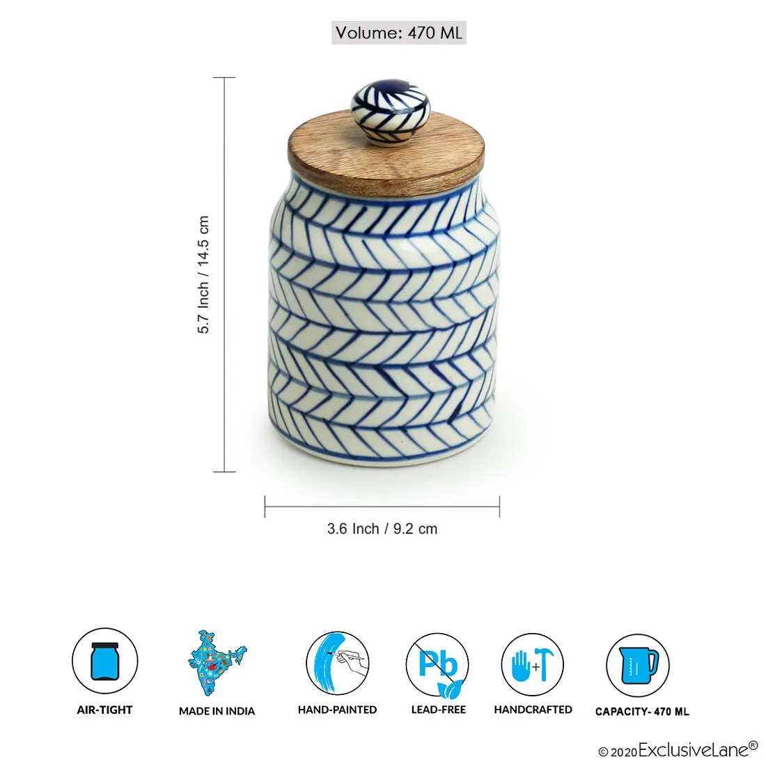 'Indigo Chevron' Handpainted Ceramic Multi-utility Storage Jar & Container (Airtight, 470 ML, Microwave Safe)