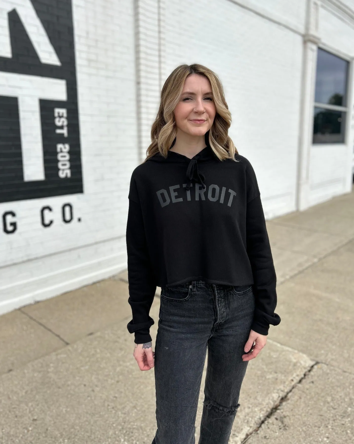 Ink Detroit Fleece Crop Hoodie - Black on Black