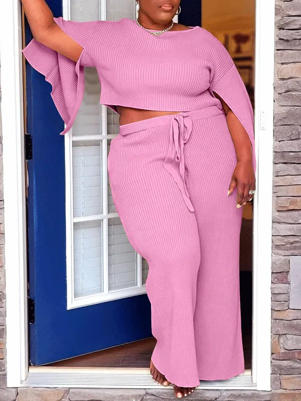 Knit Solid Color Split Top Lounge Set