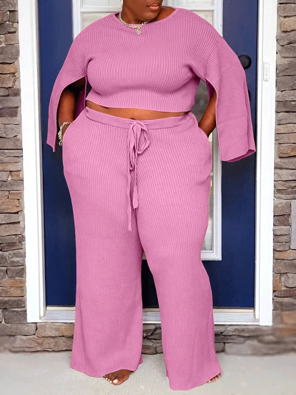 Knit Solid Color Split Top Lounge Set