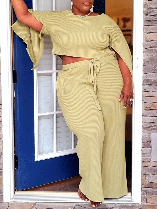 Knit Solid Color Split Top Lounge Set