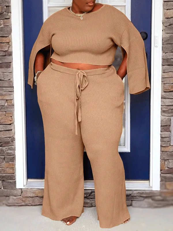 Knit Solid Color Split Top Lounge Set