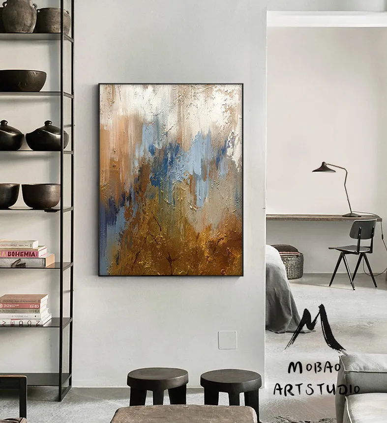 Large Blue Painting Gold Abstract Art Oversized Artwork for Living Room NP050