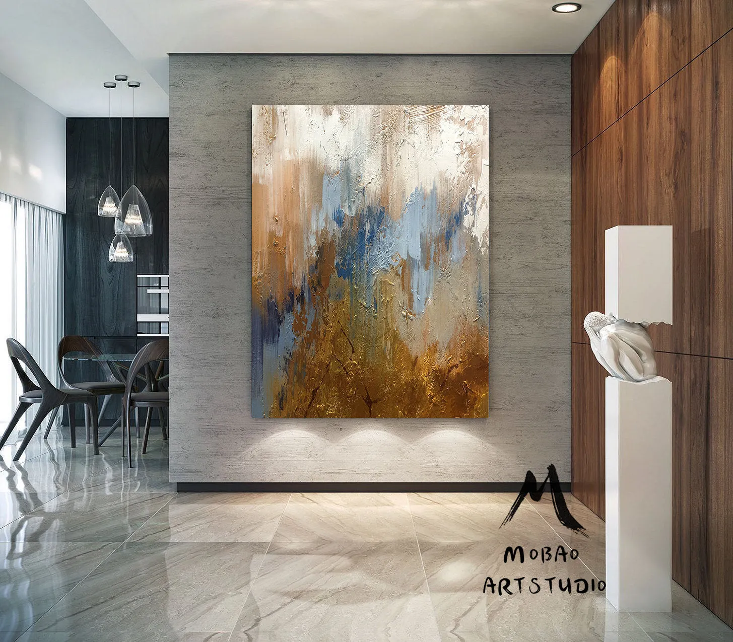 Large Blue Painting Gold Abstract Art Oversized Artwork for Living Room NP050