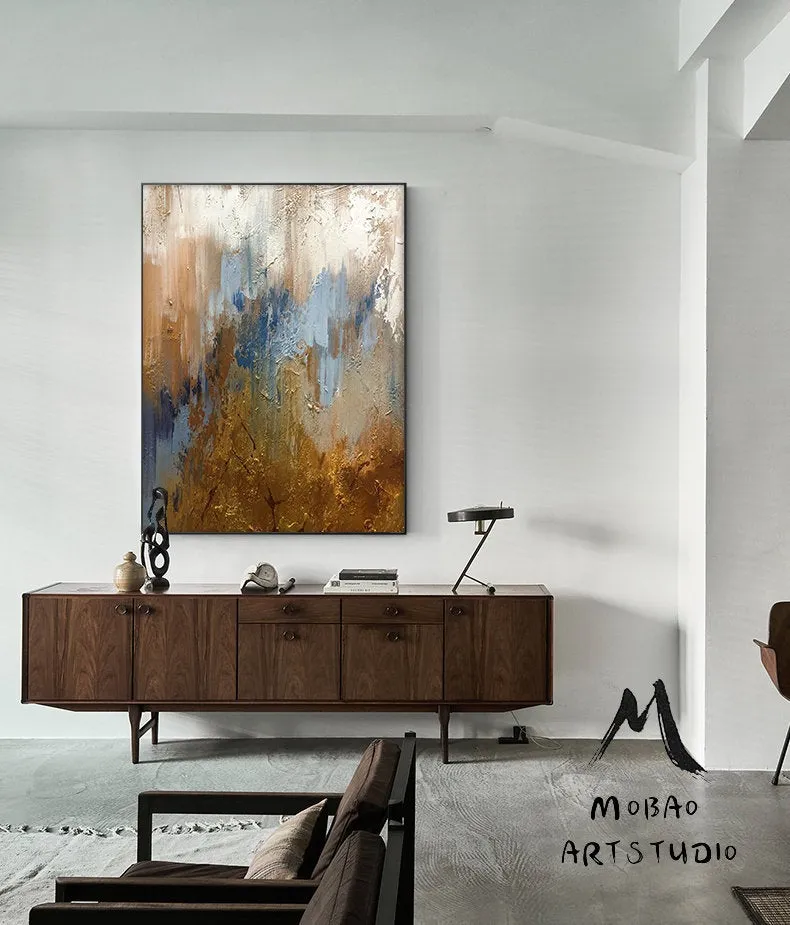 Large Blue Painting Gold Abstract Art Oversized Artwork for Living Room NP050