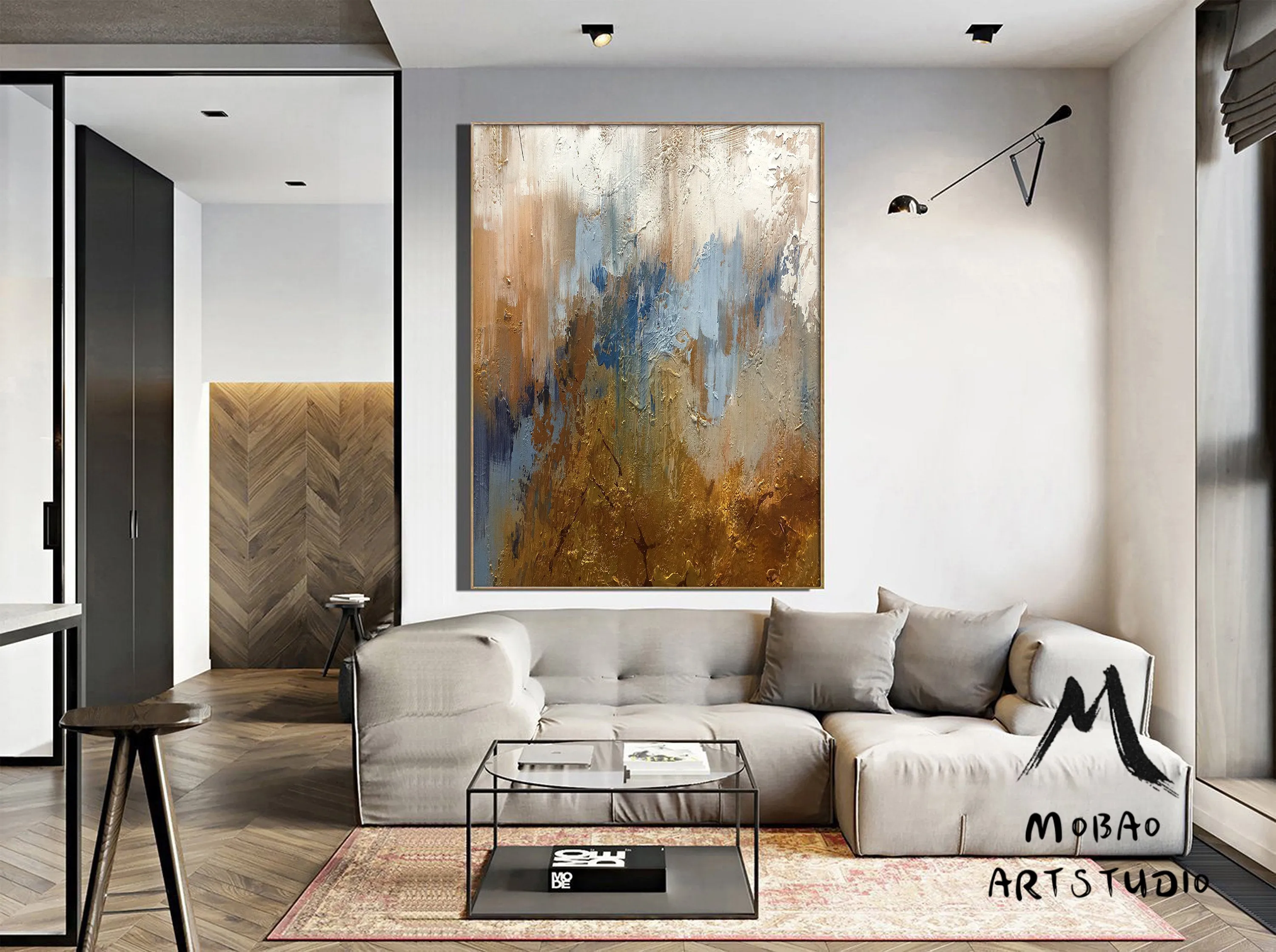 Large Blue Painting Gold Abstract Art Oversized Artwork for Living Room NP050