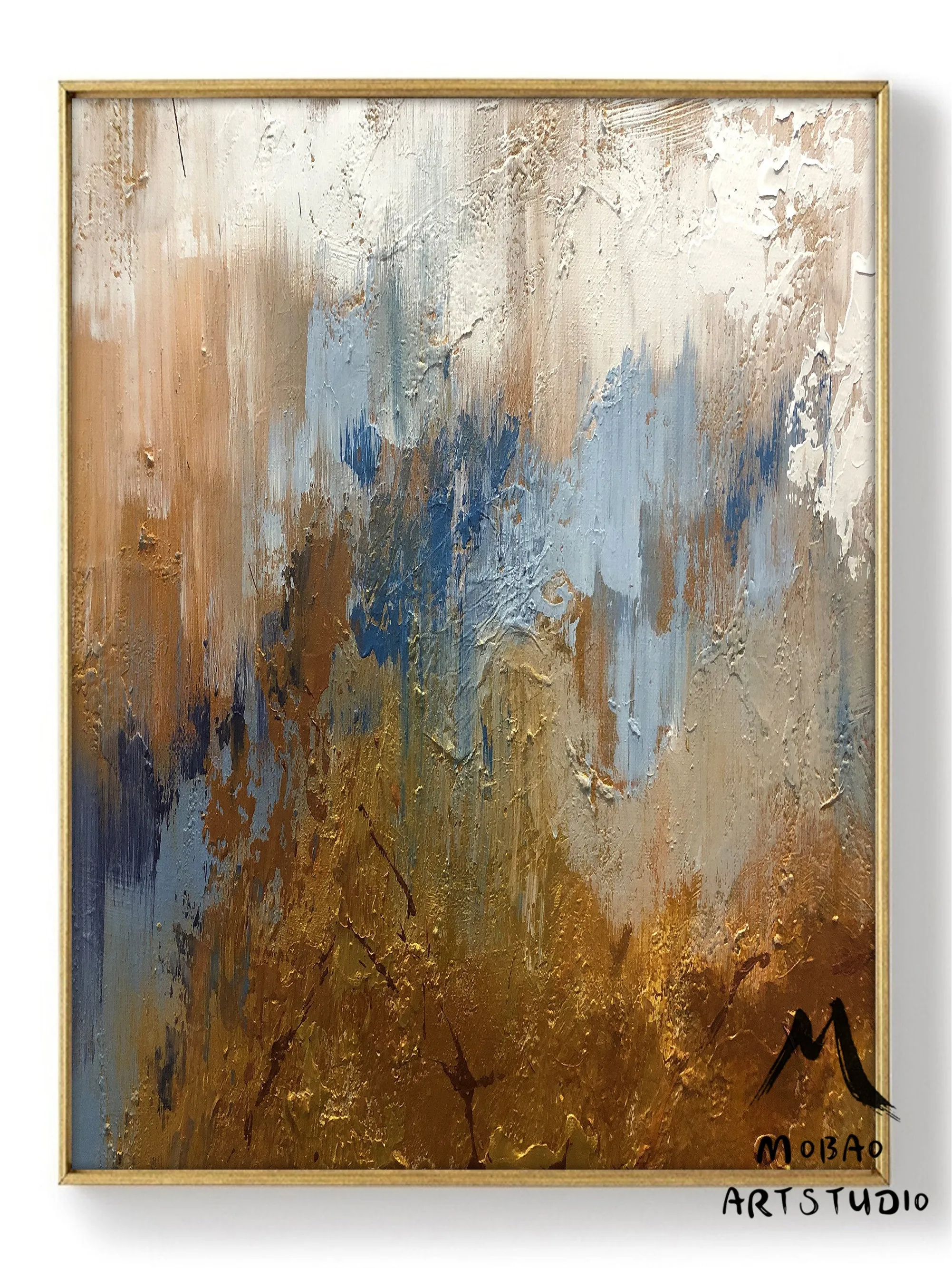 Large Blue Painting Gold Abstract Art Oversized Artwork for Living Room NP050