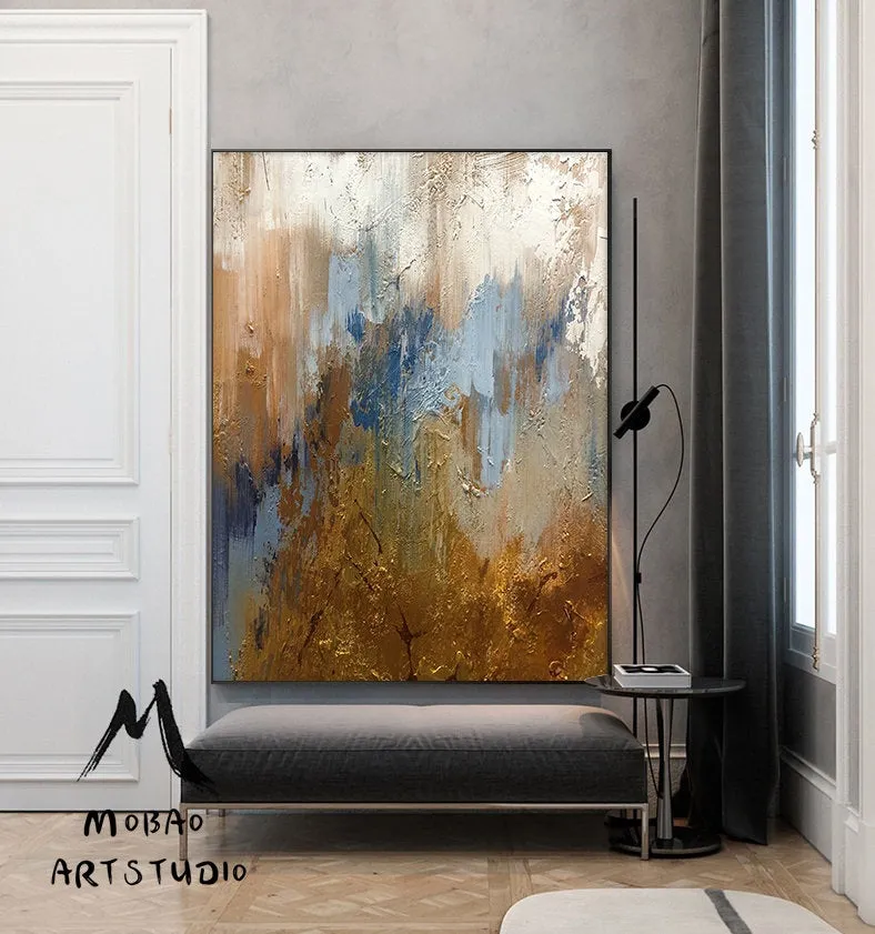 Large Blue Painting Gold Abstract Art Oversized Artwork for Living Room NP050