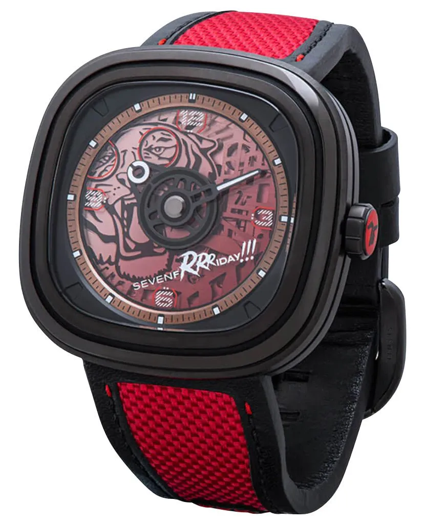 Limited Edition SEVENFRIDAY T-Series Red Tiger Automatic Black PVD Red Skeleton Dial Black/Red Leather Strap Mens Watch T3/05