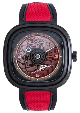 Limited Edition SEVENFRIDAY T-Series Red Tiger Automatic Black PVD Red Skeleton Dial Black/Red Leather Strap Mens Watch T3/05