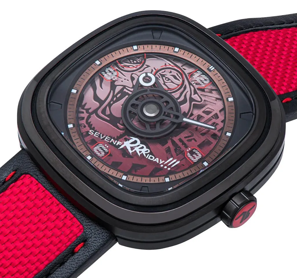 Limited Edition SEVENFRIDAY T-Series Red Tiger Automatic Black PVD Red Skeleton Dial Black/Red Leather Strap Mens Watch T3/05