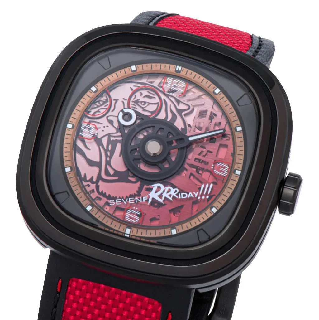 Limited Edition SEVENFRIDAY T-Series Red Tiger Automatic Black PVD Red Skeleton Dial Black/Red Leather Strap Mens Watch T3/05