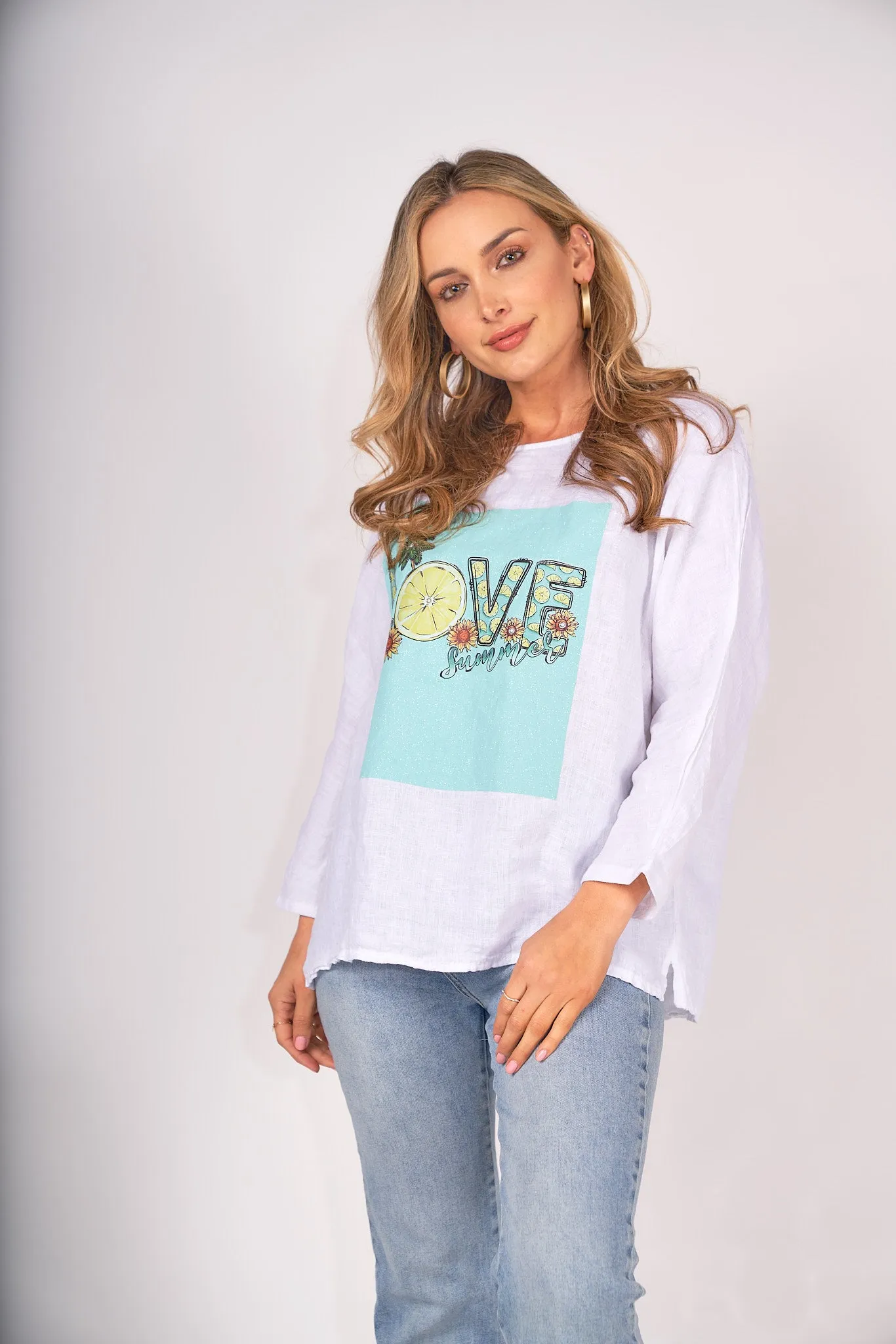 Linen  LOVE Printed Detail Top