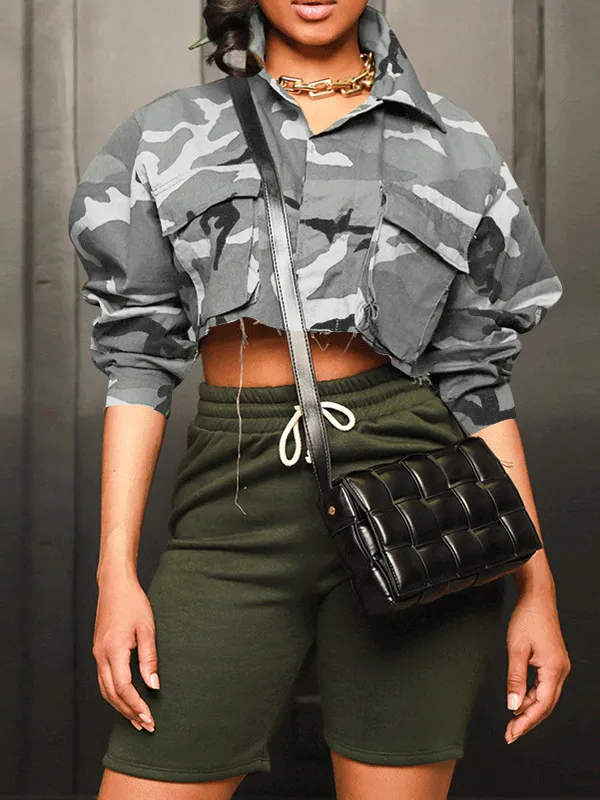 Long Sleeve Camo Print Cropped Jacket