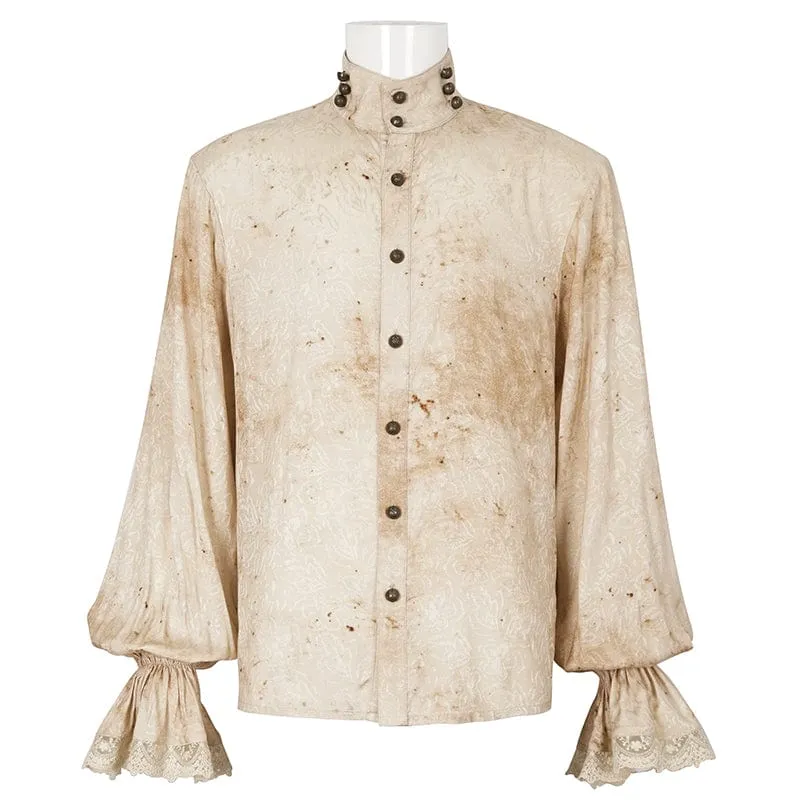 Men's Gothic Puff Sleeved Stand Collar Distressed Shirt with Necktie