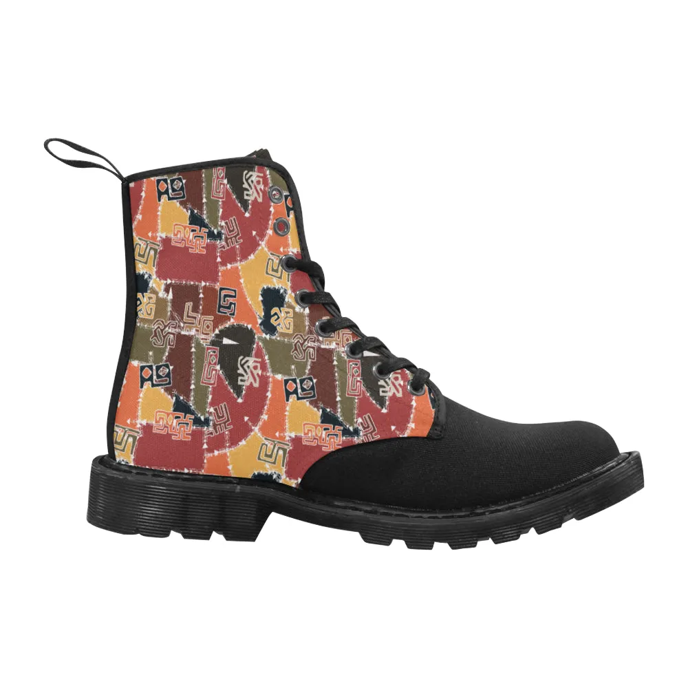 Men's Patchwork Tattoo Tribal Print Canvas Boots