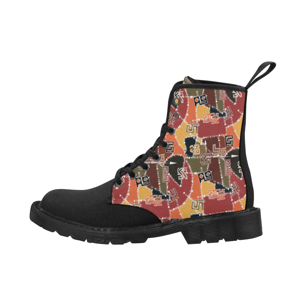 Men's Patchwork Tattoo Tribal Print Canvas Boots