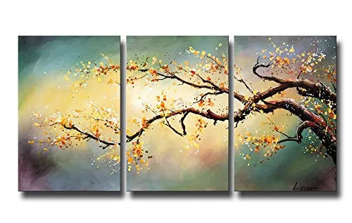 MODERN HAND-PAINTED "YELLOW PLUM FLOWER" 3-PIECE GALLERY-WRAPPED FLOWER OIL PAINTING ON CANVAS