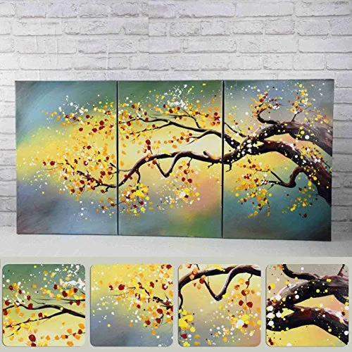 MODERN HAND-PAINTED "YELLOW PLUM FLOWER" 3-PIECE GALLERY-WRAPPED FLOWER OIL PAINTING ON CANVAS