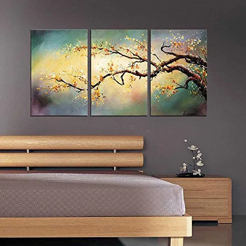 MODERN HAND-PAINTED "YELLOW PLUM FLOWER" 3-PIECE GALLERY-WRAPPED FLOWER OIL PAINTING ON CANVAS