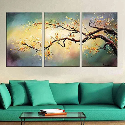 MODERN HAND-PAINTED "YELLOW PLUM FLOWER" 3-PIECE GALLERY-WRAPPED FLOWER OIL PAINTING ON CANVAS