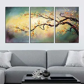 MODERN HAND-PAINTED "YELLOW PLUM FLOWER" 3-PIECE GALLERY-WRAPPED FLOWER OIL PAINTING ON CANVAS