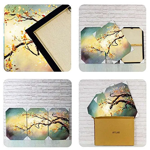 MODERN HAND-PAINTED "YELLOW PLUM FLOWER" 3-PIECE GALLERY-WRAPPED FLOWER OIL PAINTING ON CANVAS