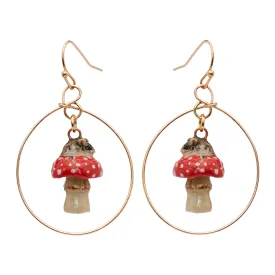 Mouse on Toadstool Round Hoop Drop Earrings